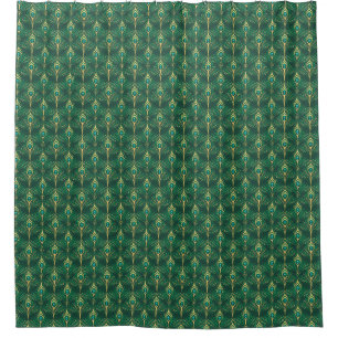 Peacock Feathers Pattern in Emerald Green and Gold Shower Curtain