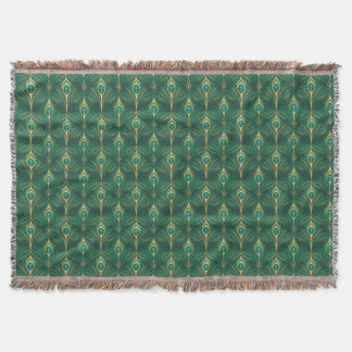 Peacock Feathers Pattern in Emerald Green and Gold Throw Blanket