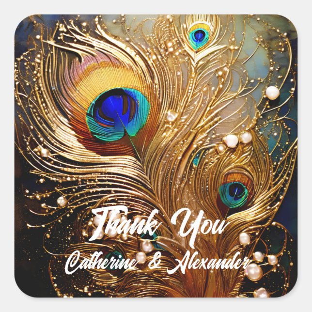 Peacock feathers pearls luxury elegant plumes square sticker (Front)