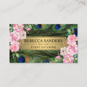 Peacock Feathers   Pink Flowers Business Card