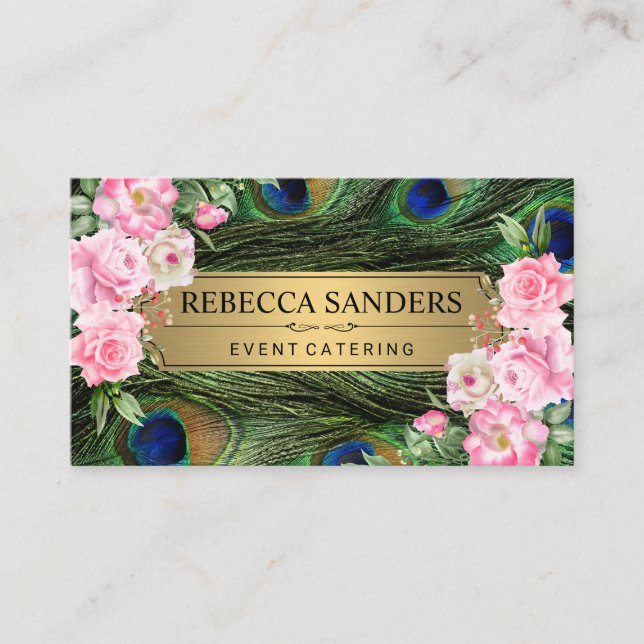 Peacock Feathers | Pink Flowers Business Card (Front)