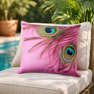 Peacock Feathers Pink Throw Pillow