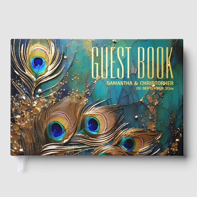 Peacock feathers plume gold foil scatter marbled  guest book (Front)