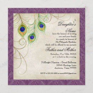 Peacock Feathers Purple Damask Quinceanera Party Invitation
