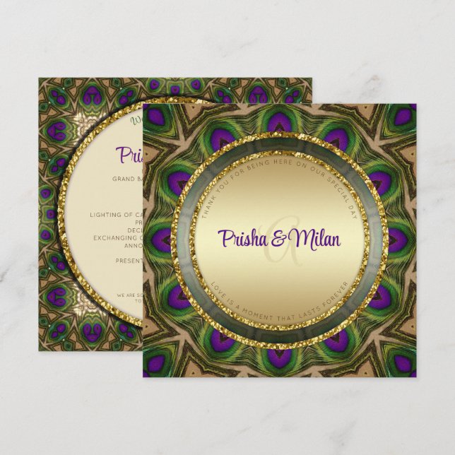 Peacock Feathers Purple Green Gold Indian Wedding Programme (Front/Back)