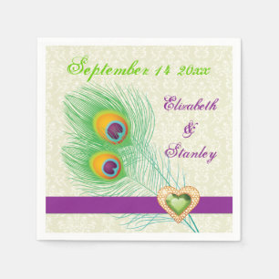 Peacock feathers purple, green jewel heart wedding napkin