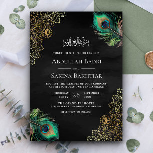 Peacock Feathers QR Code Black Muslim Wedding Invitation