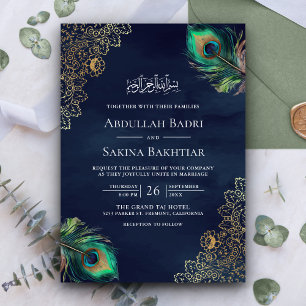 Peacock Feathers QR Code Navy Blue Muslim Wedding Invitation