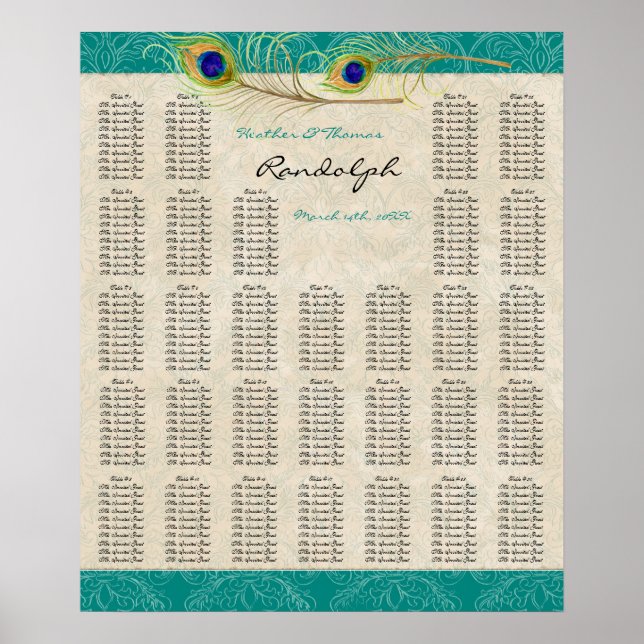 Peacock Feathers Reception Table Seating Chart (Front)