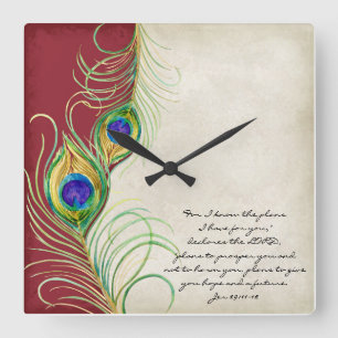 Peacock Feathers Red Damask Christian Scripture Square Wall Clock