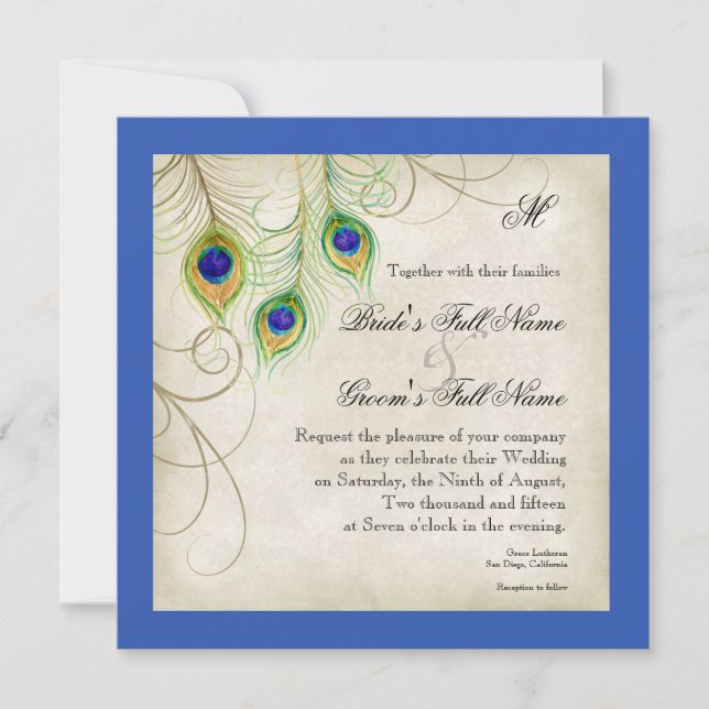 Peacock Feathers Royal Blue Wedding Invitation (Front)