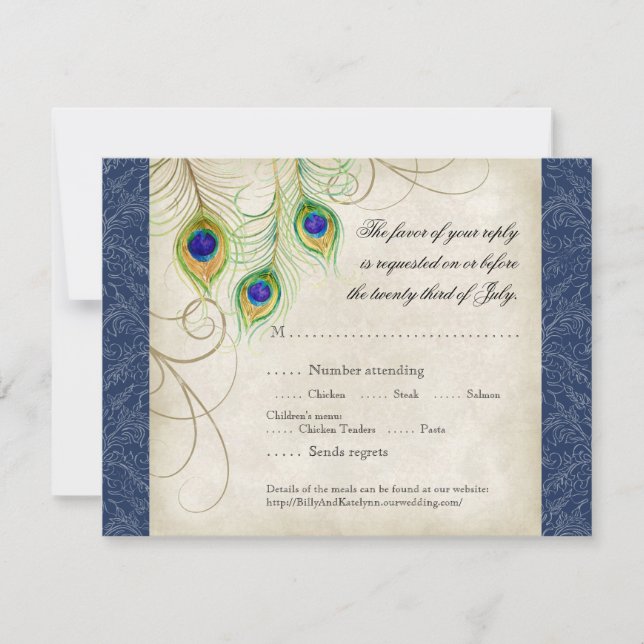 Peacock Feathers Royal Blue Wedding Invitation (Front)