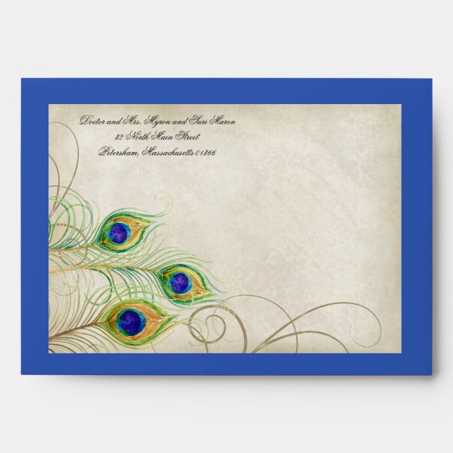 Peacock Feathers Royal Blue Wedding Invitation 5x7 Envelope (Front)