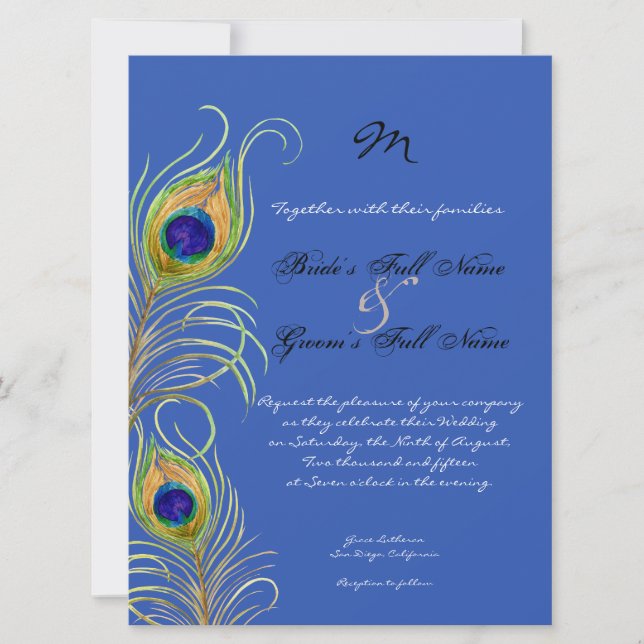 Peacock Feathers Royal Cobalt Blue Wedding Invites (Front)