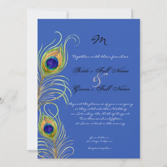 Peacock Feathers Royal Cobalt Blue Wedding Invites (Front)