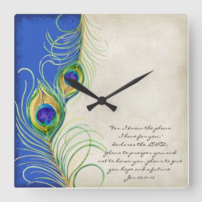 Peacock Feathers Royal Damask Christian Scripture Square Wall Clock (Front)
