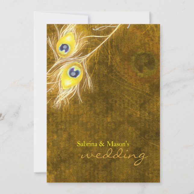 Peacock Feathers Rustic Fall Brown Wedding Invitation (Front)