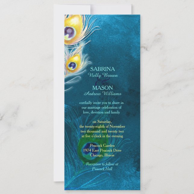 Peacock Feathers Rustic Peacock Blue Wedding Invitation (Front)