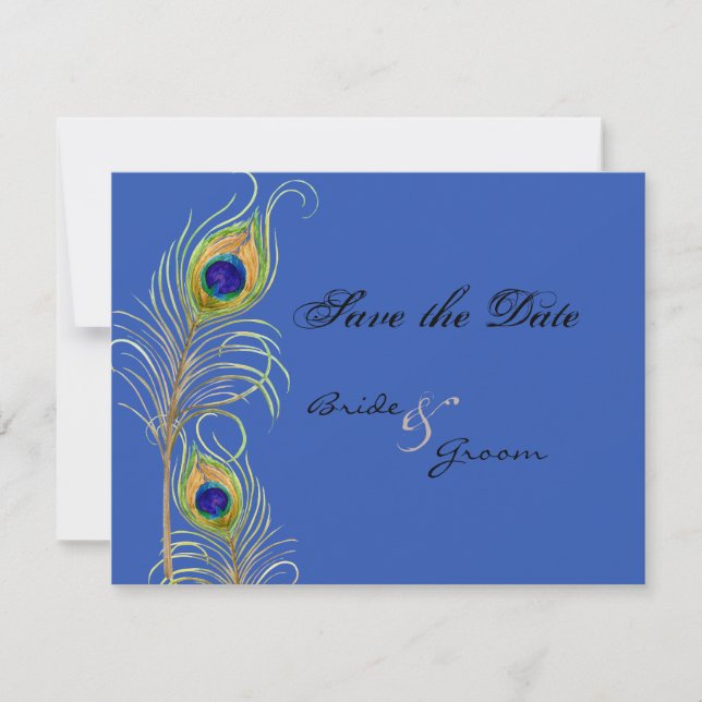 Peacock Feathers Save the Date Blue Invite Cards (Front)