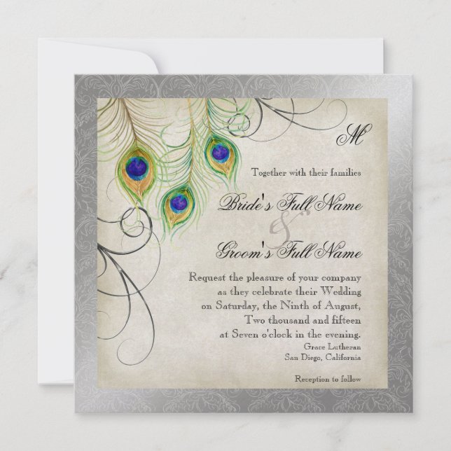 Peacock Feathers Silver Damask Wedding Stationery Invitation (Front)