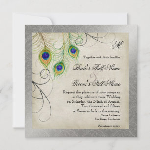 Peacock Feathers Silver Damask Wedding Stationery Invitation