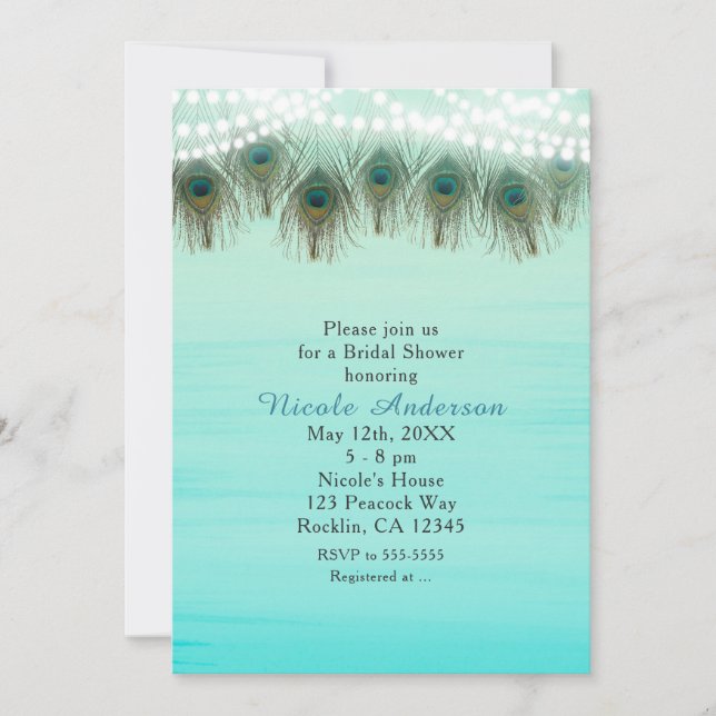 Peacock Feathers & String Lights Rustic Invitation (Front)