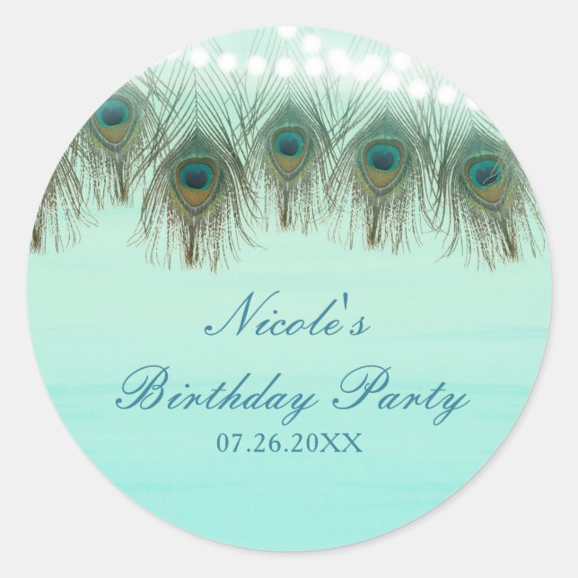 Peacock Feathers & String Lights Rustic Party Classic Round Sticker (Front)