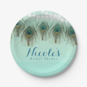 Peacock Feathers & String Lights Rustic Party Paper Plate