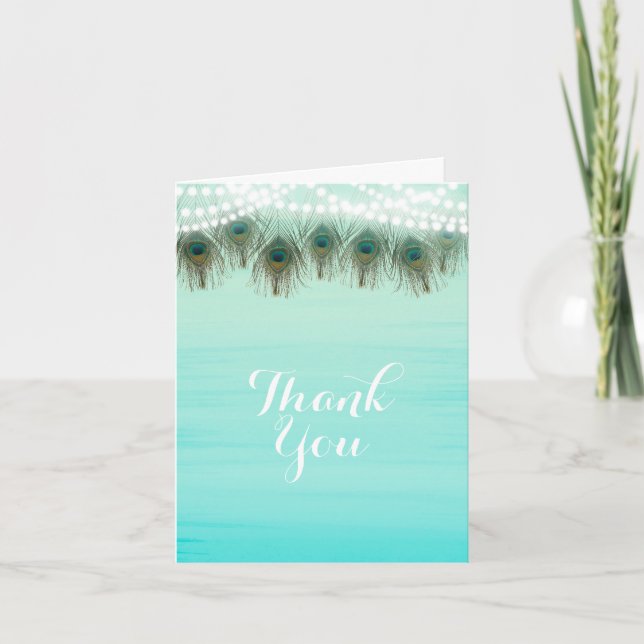 Peacock Feathers & String Lights Rustic Thank You Card (Front)