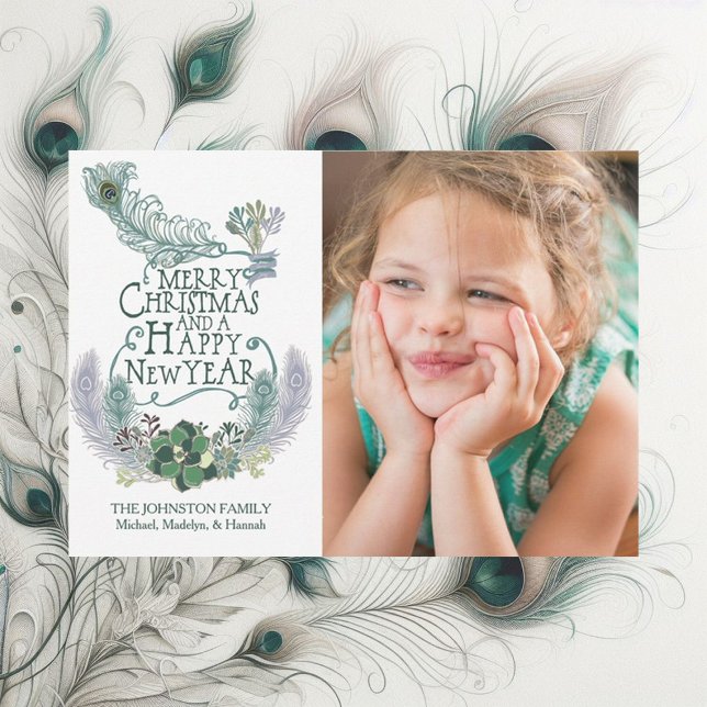 Peacock Feathers Succulents Holiday Photo Card (Creator Uploaded)