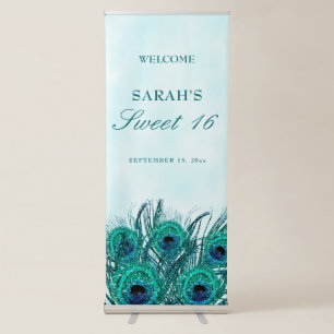 Peacock Feathers Sweet 16 Glittery Feathers Retractable Banner