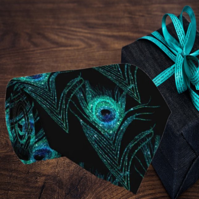 Peacock Feathers Teal Blue Black Neck Tie Necktie (Creator Uploaded)