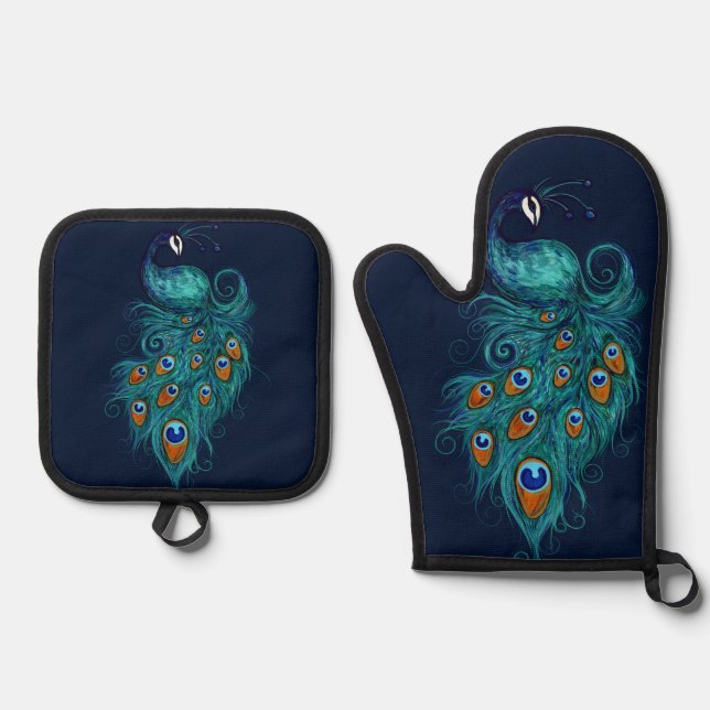 Peacock Feathers Teal Peacocks                     Oven Mitt & Pot Holder Set (Front)