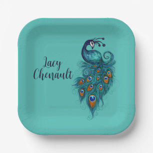 Peacock Feathers Teal Peacocks    Paper Plate