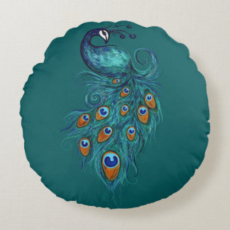 Peacock Feathers Teal Peacocks Round Cushion
