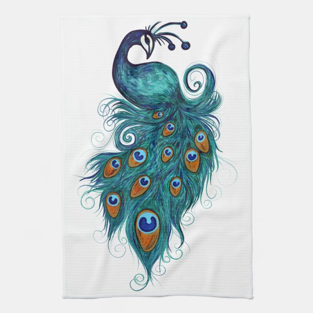 Peacock Feathers Teal Peacocks                     Tea Towel (Vertical)