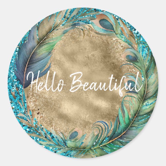Peacock Feathers Turquoise Blue Glitter Classic Round Sticker (Front)