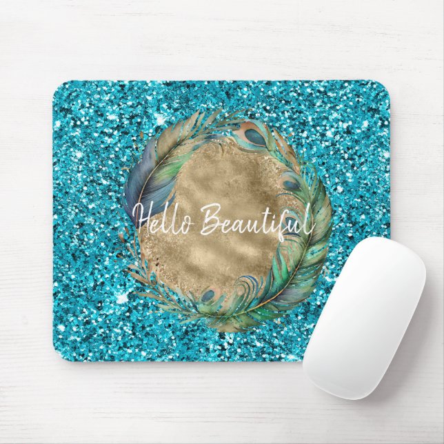 Peacock Feathers Turquoise Blue Glitter Mouse Mat (With Mouse)