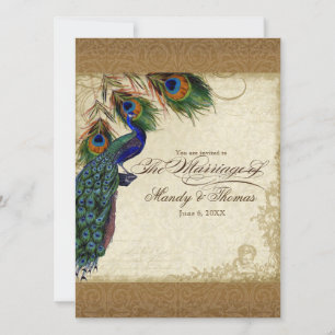 Peacock & Feathers Vintage Gold Look Damask  Swirl Invitation