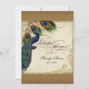 Peacock & Feathers Vintage Gold Look Damask  Swirl Invitation