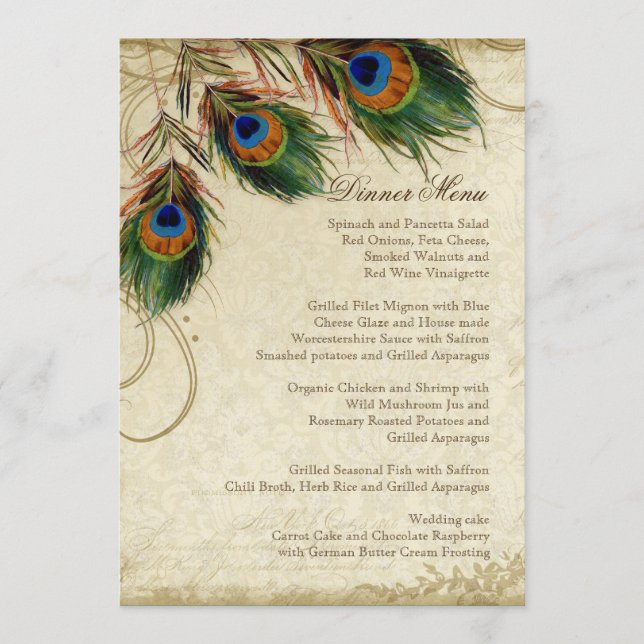 Peacock & Feathers Vintage Gold Look Damask  Swirl Menu (Front)