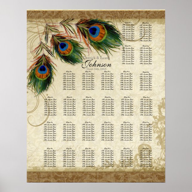 Peacock & Feathers Vintage Gold Look Damask  Swirl Poster (Front)