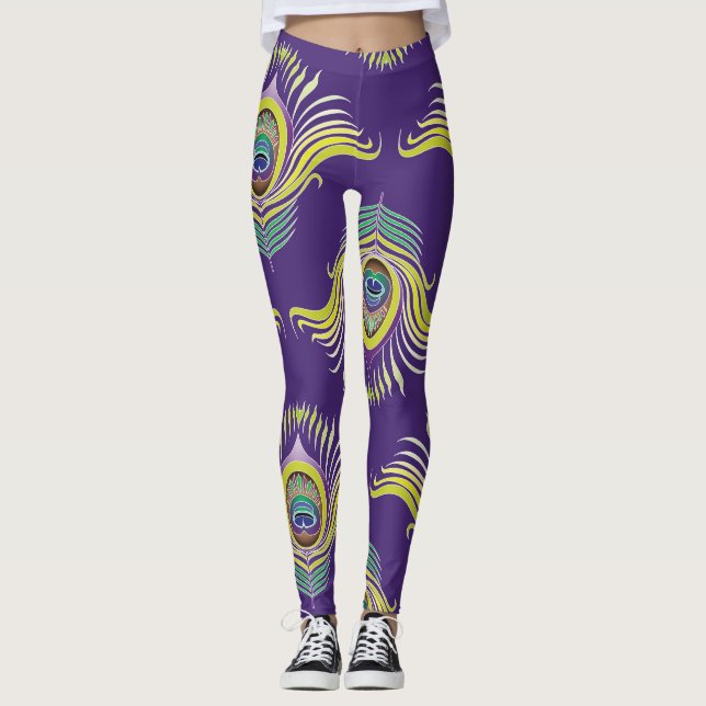 Peacock feathers: vintage seamless background. leggings (Front)