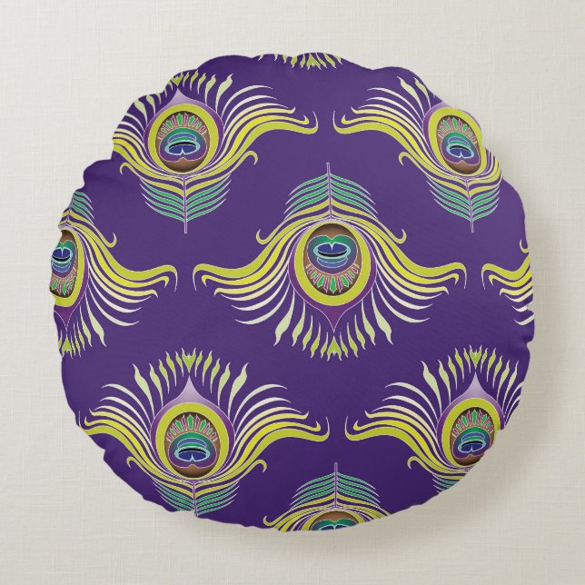 Peacock feathers: vintage seamless background. round cushion (Front)