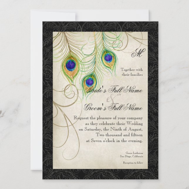 Peacock Feathers Watercolor Black Damask Wedding Invitation (Front)
