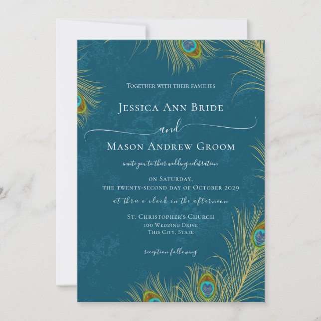 Peacock Feathers Wedding Invitation (Front)
