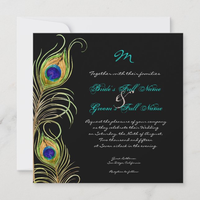 Peacock Feathers Wedding Invitation (Front)