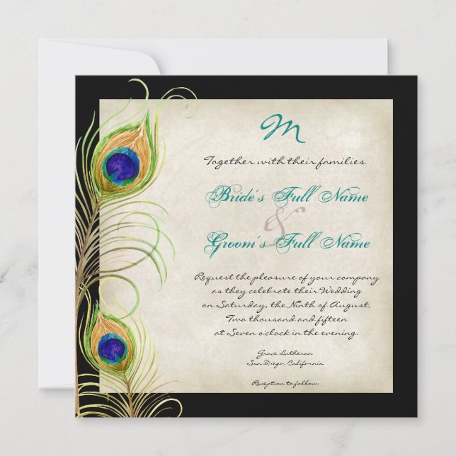 Peacock Feathers Wedding Invitation (Front)