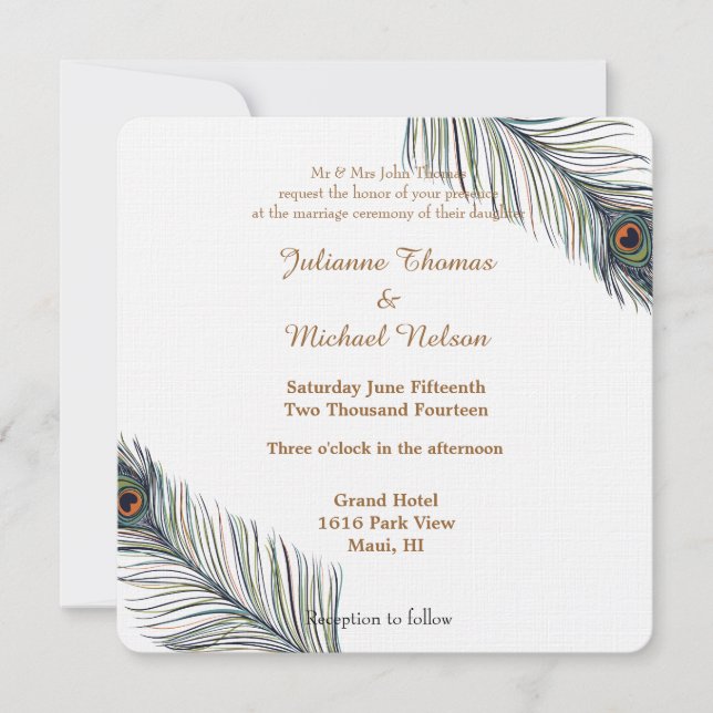 Peacock Feathers Wedding Invitation (Front)