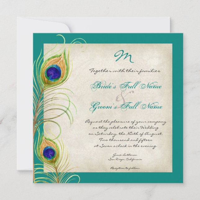 Peacock Feathers Wedding Invitation (Front)